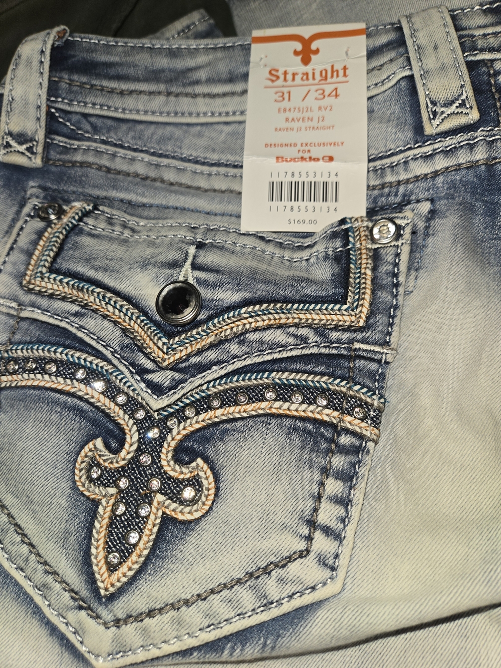 NWT Womens Rock Revival Light Blue Straight Leg Jeans with Embellished Pocket